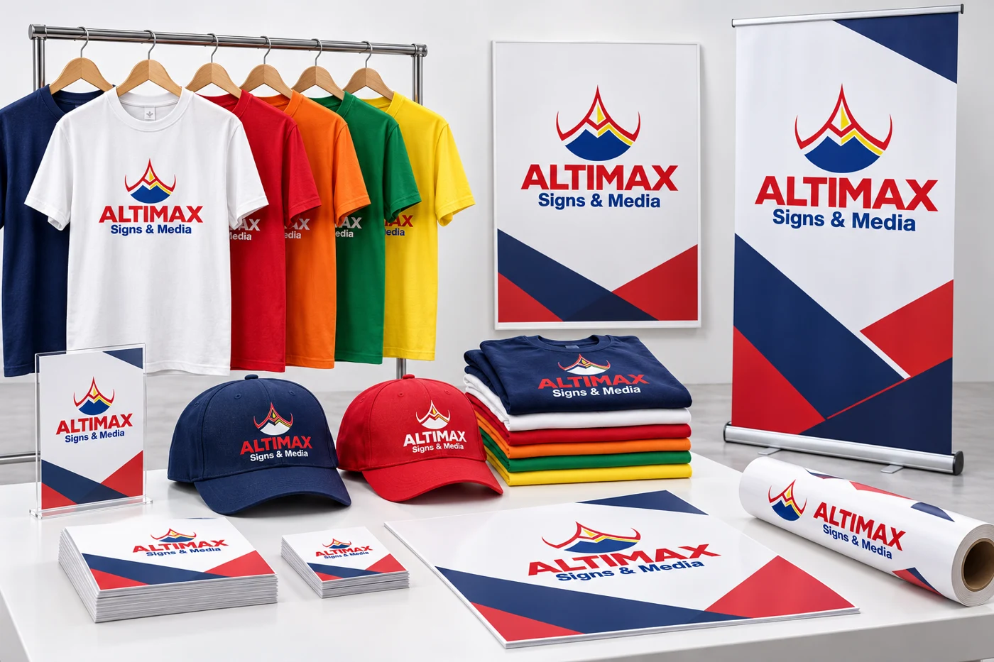 Altimax-branded clothing, caps and print sample mockups for the 2027 materials collection