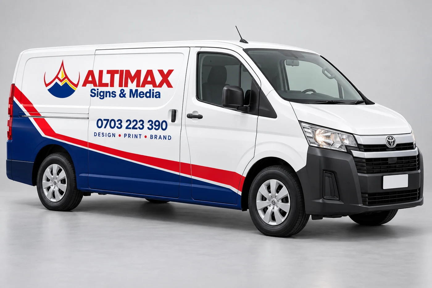 Illustrative Altimax-branded delivery van with red and navy graphics